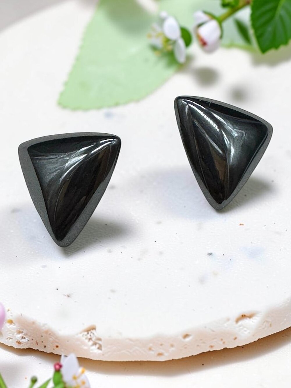 Pierced Earrings Shinny Charcoal Grey Gun Metal Triangles